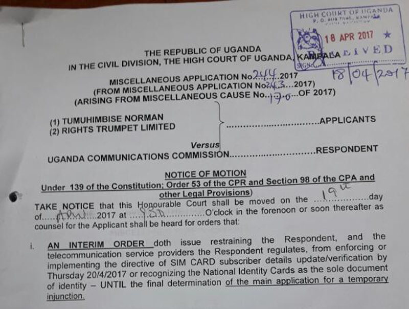 The High Court order stopping the process of registering SIM Cards.