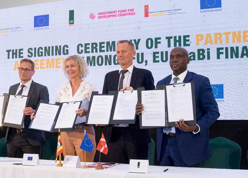 L-R: Anders Frigaard, Senior Investment Manager at Investment Fund for Developing Countries,Caroline Adriaensen,Head of Cooperation European Union,H.E Nicolaj A.Hejberg Petersen,Ambassador of Denmark in Uganda and Felix Okoboi, Chairperson aBi Finance Limited at the Shareholders Agreement signing ceremony in Kampala